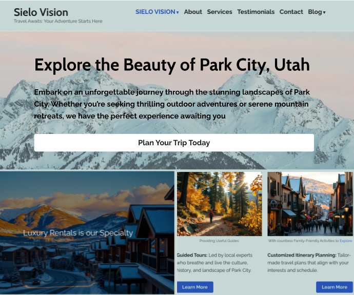 Homepage of Sielo Vision's fictional travel website featuring a mountain backdrop, bold CTAs, and a user-friendly layout optimized for SEO.