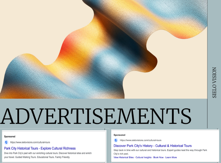 Presentation slide showcasing Sielo Vision’s paid search campaign strategy, with ad previews targeting local travel queries.