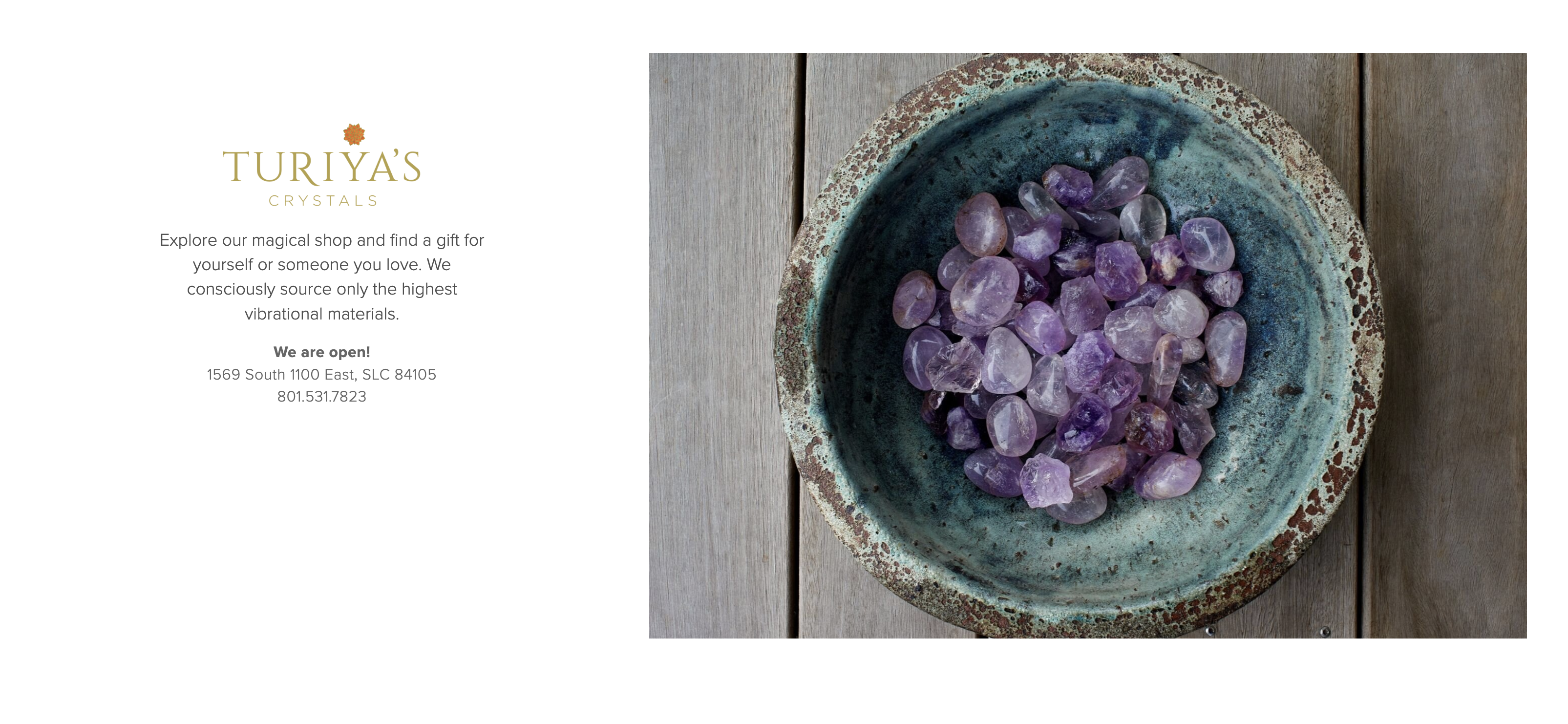 Homepage of Turiya’s Gift Store featuring amethyst crystals and the brand’s mission.