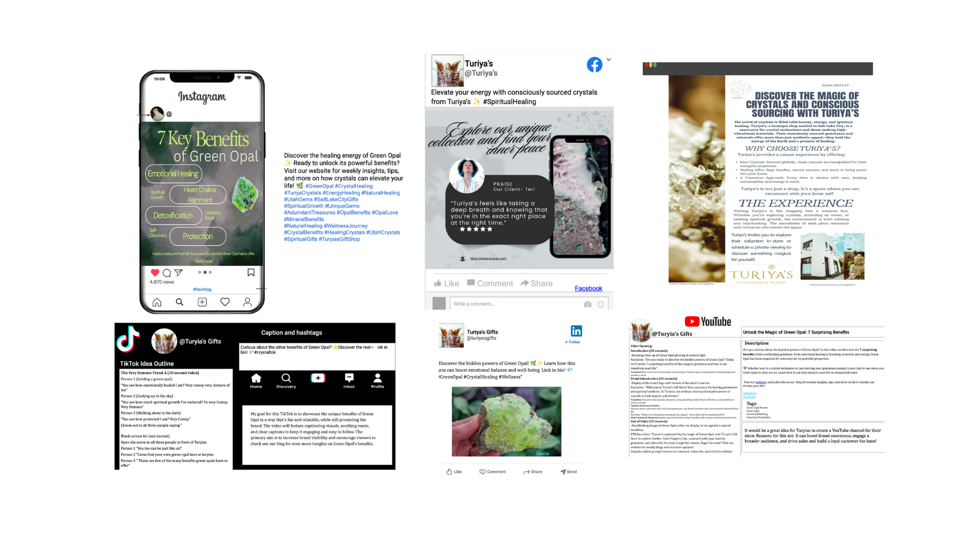 Mockups of social media content across Instagram, Facebook, TikTok, LinkedIn, YouTube, and blog — all centered around Turiya’s Green Opal campaign.