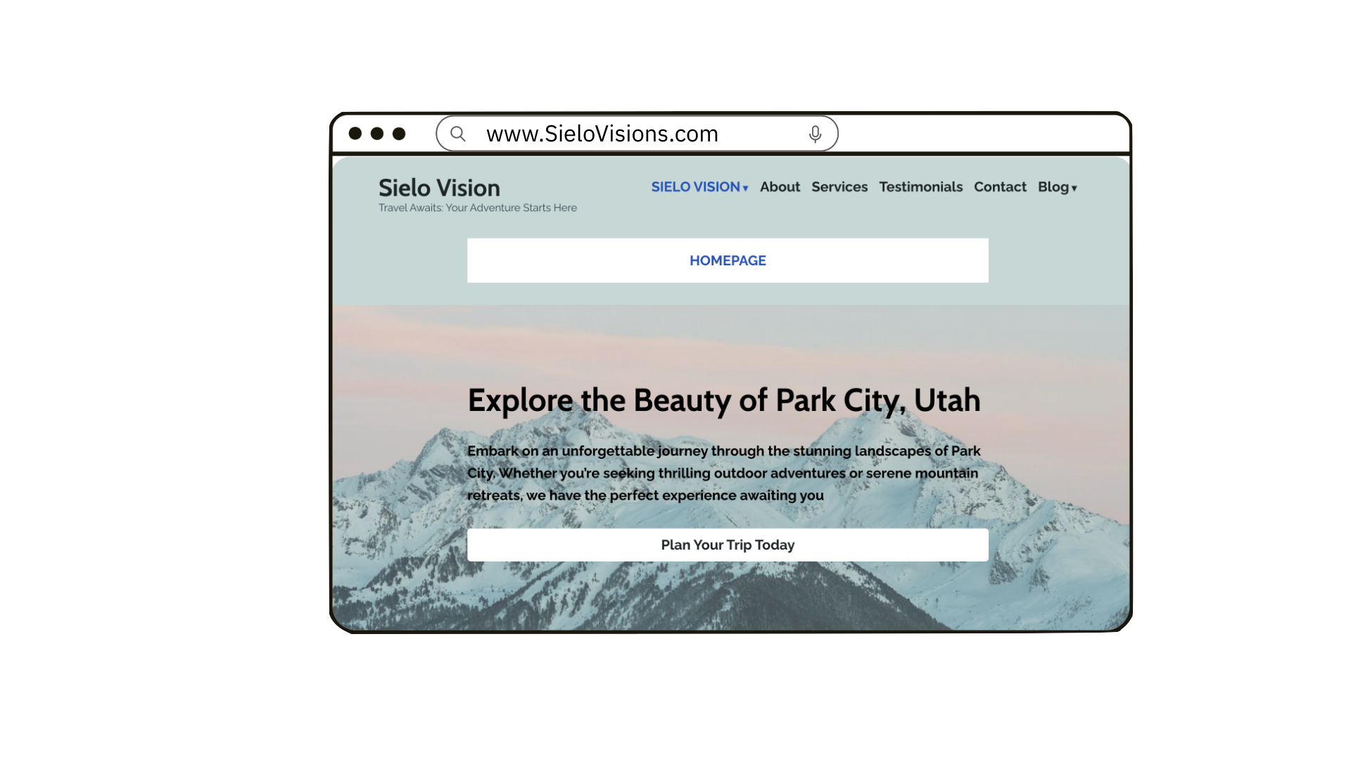 Homepage of a fictional travel website showcasing Park City, Utah, with clear UX design and SEO-friendly layout.
