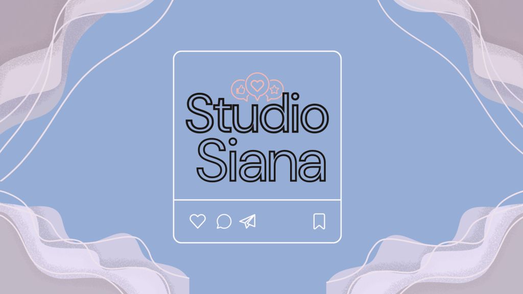 Studio Siana logo design featuring bold black text with social media icons on a soft blue background and abstract wave accents.