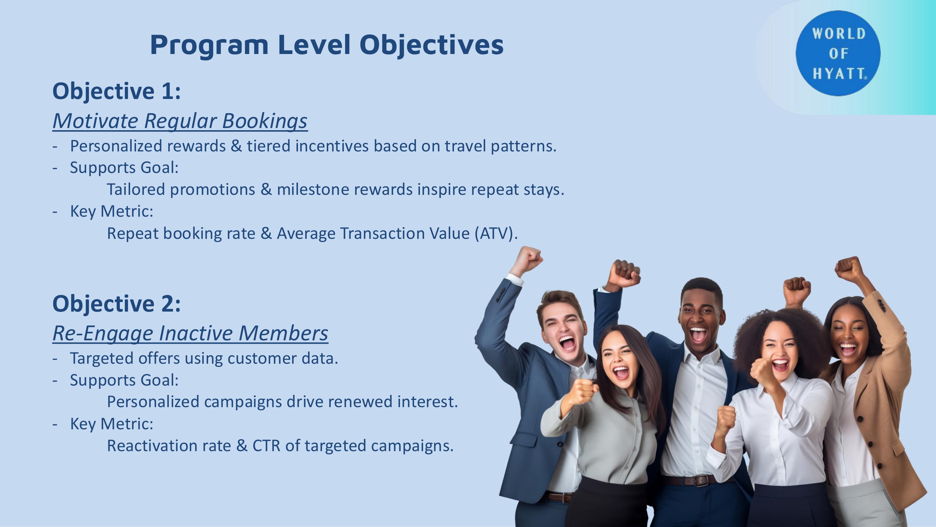 Slide outlining marketing objectives and key performance indicators for Hyatt Prestige Club loyalty program group campaign.