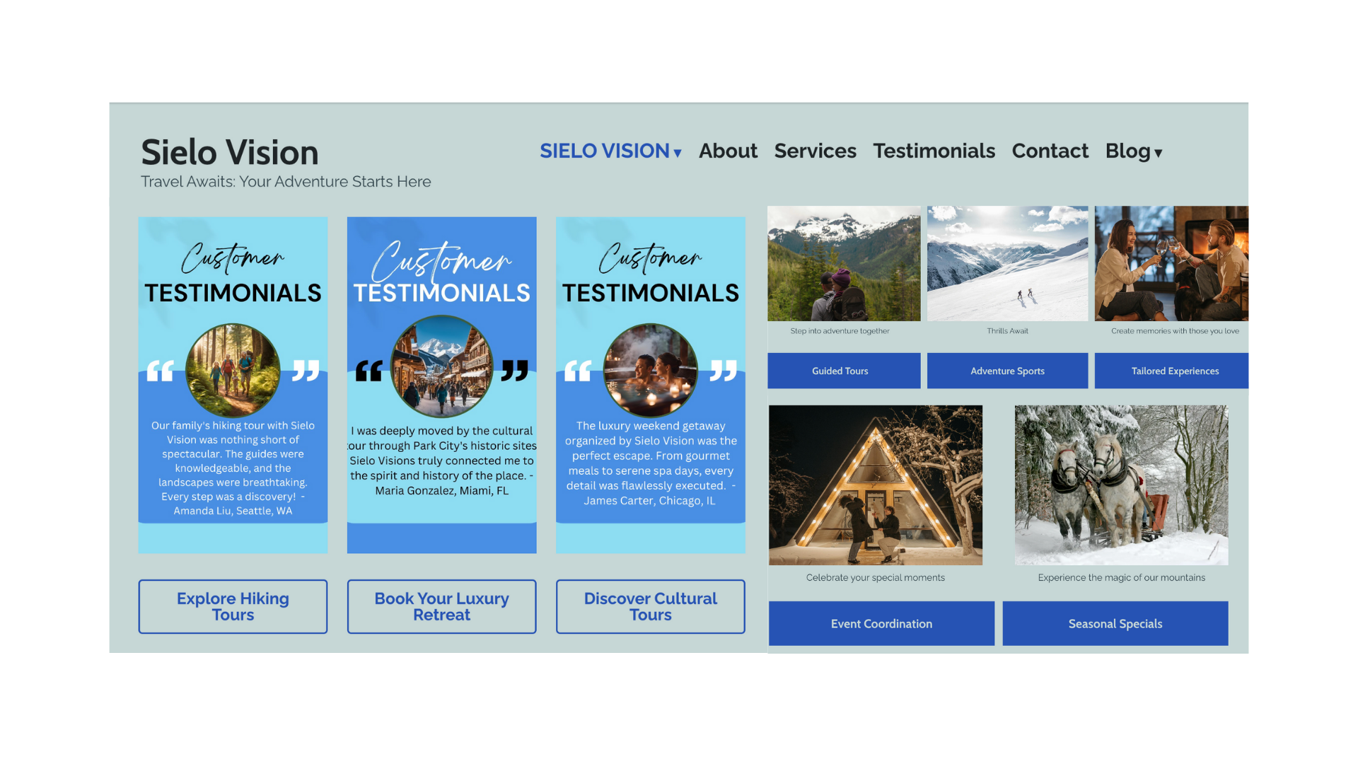 Screenshots of the Sielo Vision travel website showcasing navigation, testimonial cards, and visually engaging tour categories with strong CTAs.