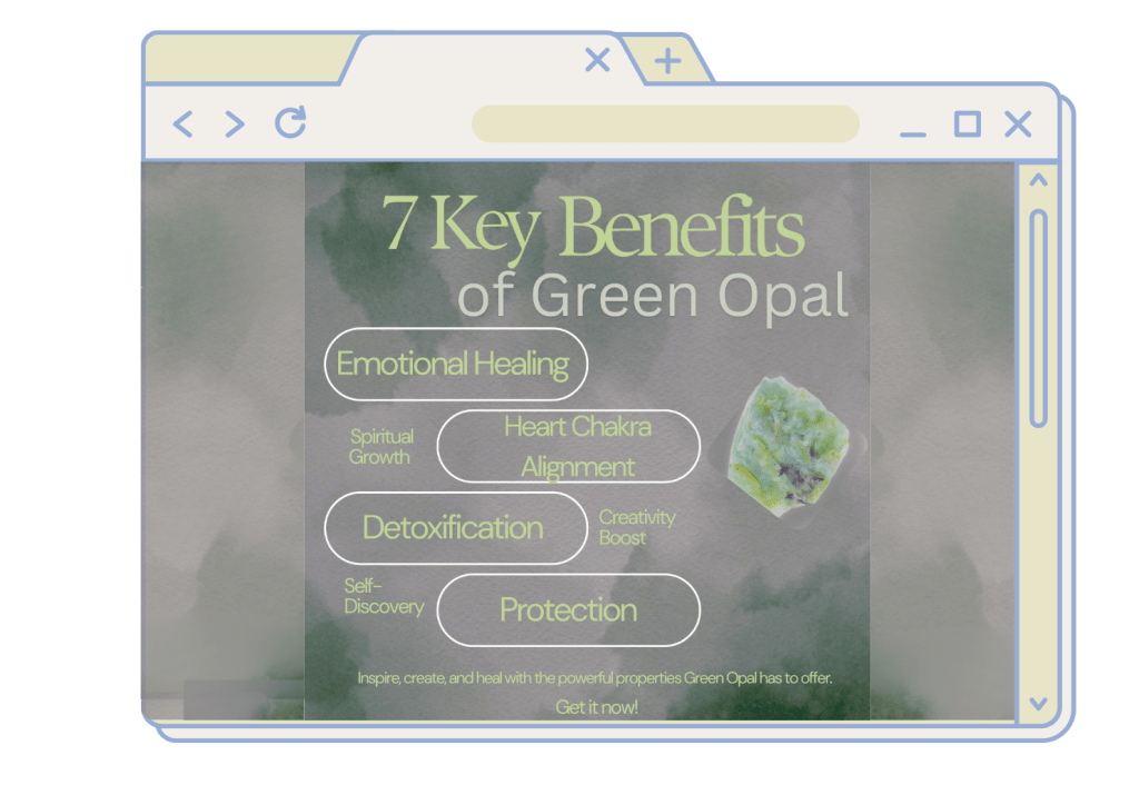nfographic showing seven key benefits of Green Opal including emotional healing, heart chakra alignment, detoxification, creativity boost, and protection with a soft green background and crystal image.