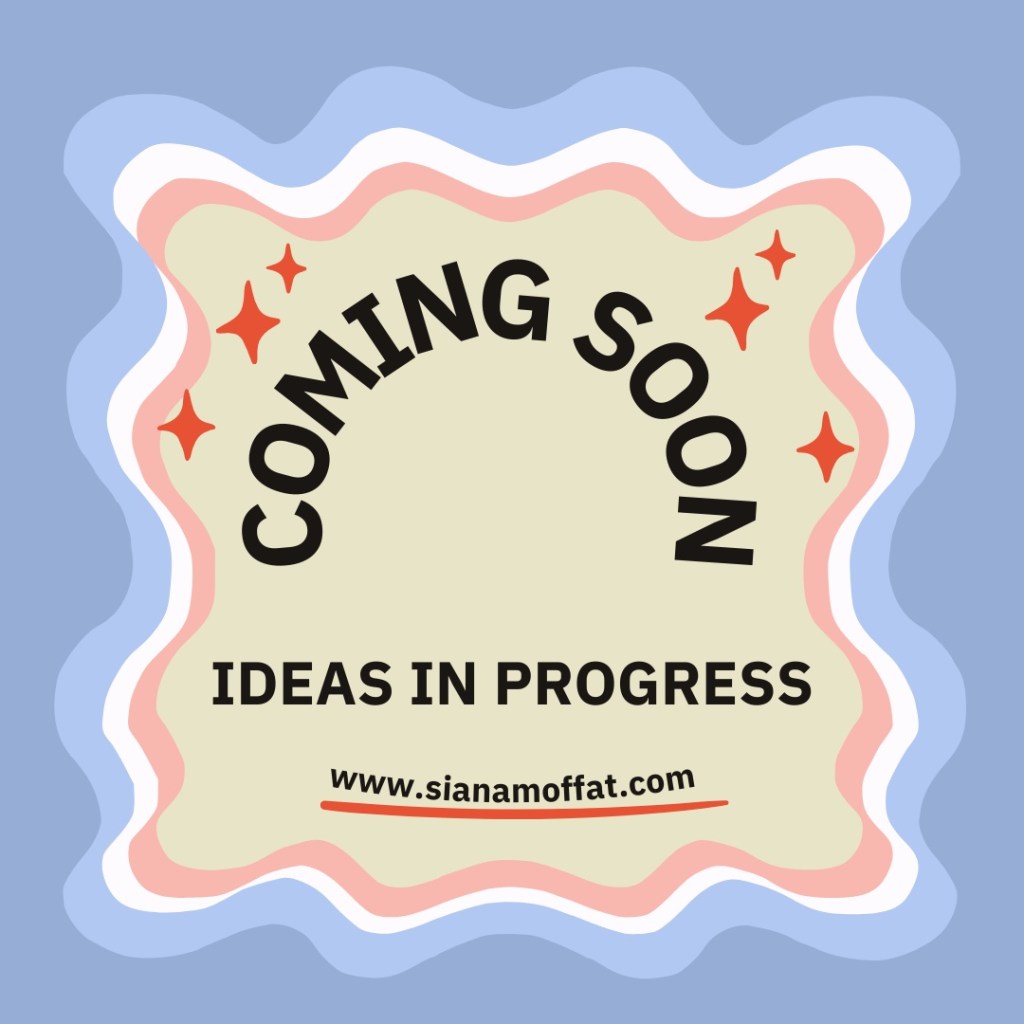 Creative Corner Coming Soon graphic with wavy border, playful colors, and retro design. Features the text ‘Ideas in Progress’ and personal website link